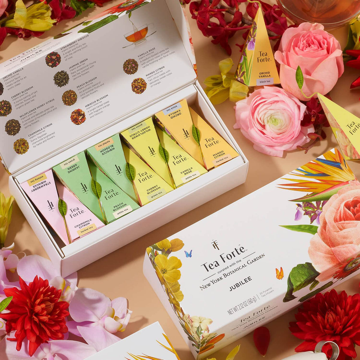 Tea Forte chamomile citron pyramid tea bag in refined gift set for relaxing evenings
