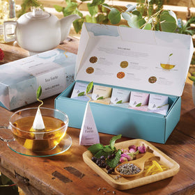 Tea Forte Serenity pyramid tea bags promoting calm savoring after dinner.