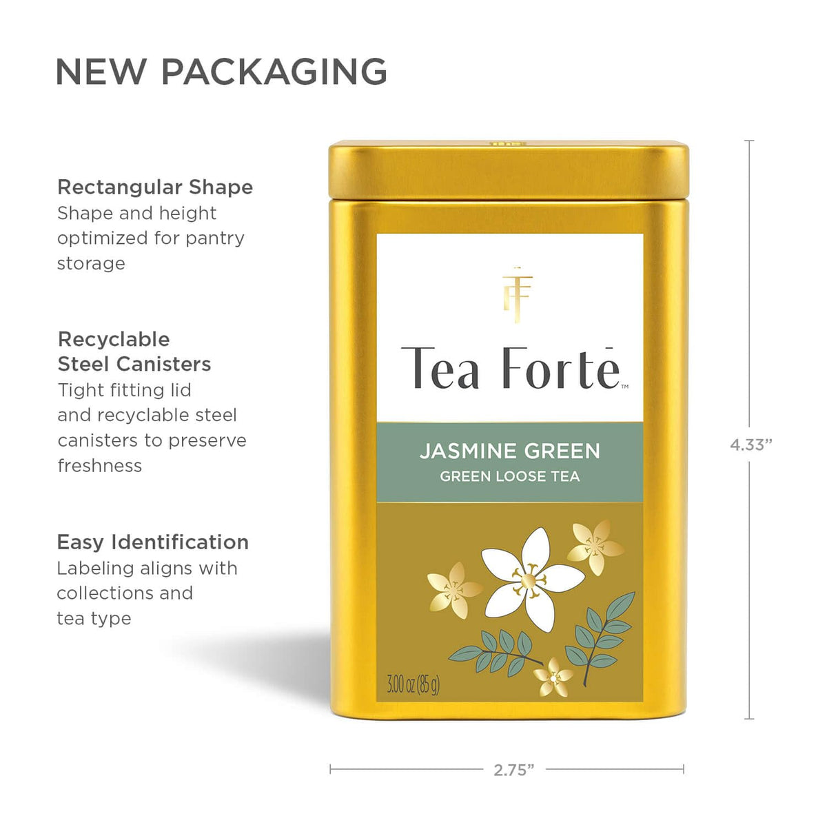 Tea Forte recyclable steel canister for sustainable storage.