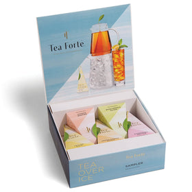 Tea Forte Tea Over Ice sampler packaging with premium infusers for iced tea enjoyment