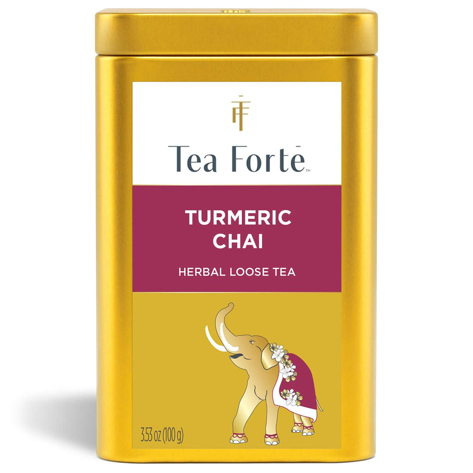 Tea Forte Turmeric Chai canister front view highlighting sustainable steel packaging that preserves freshness.