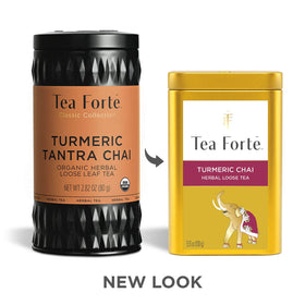 Tea Forte Turmeric Chai cup and steam illustrating caffeine-free evening ritual.