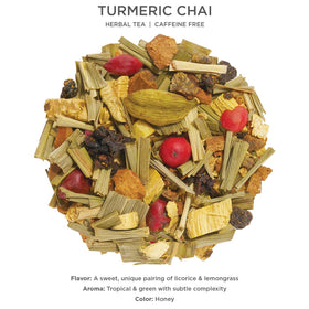 Tea Forte Turmeric Chai loose leaf in infuser celebrating vibrant spices.