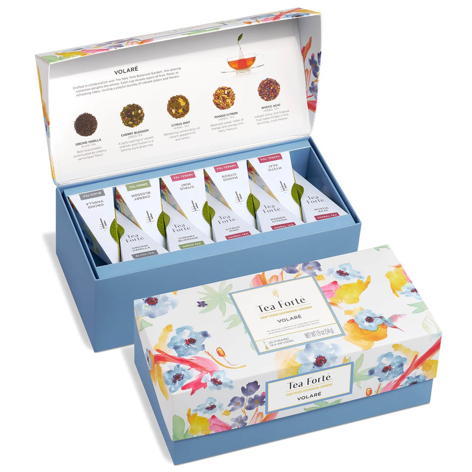 Tea Forte Volare presentation box front view, premium gift set.