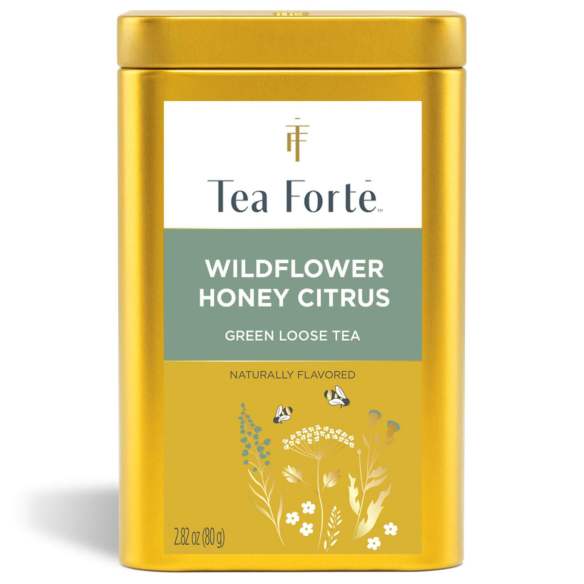 Tea Forte Wildflower Honey Citrus canister on kitchen shelf preserves aroma for daily brewing