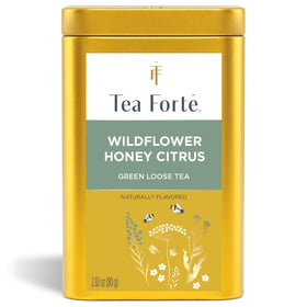 Tea Forte Wildflower Honey Citrus canister on kitchen shelf preserves aroma for daily brewing
