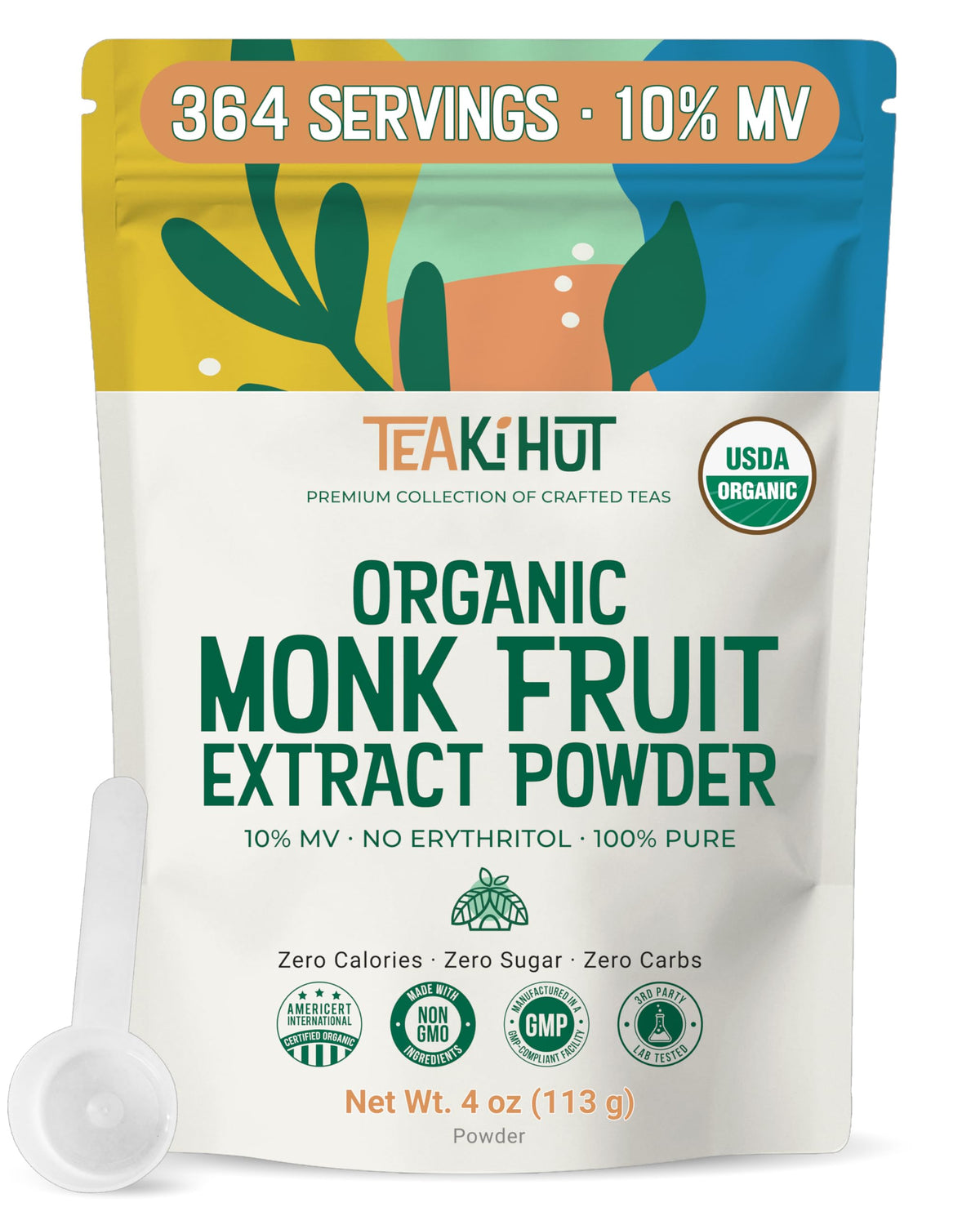 TEAki Hut Pure Monk Fruit Powder bottle provides zero-calorie sweetness for daily beverages.