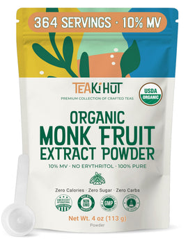 TEAki Hut Pure Monk Fruit Powder bottle provides zero-calorie sweetness for daily beverages.