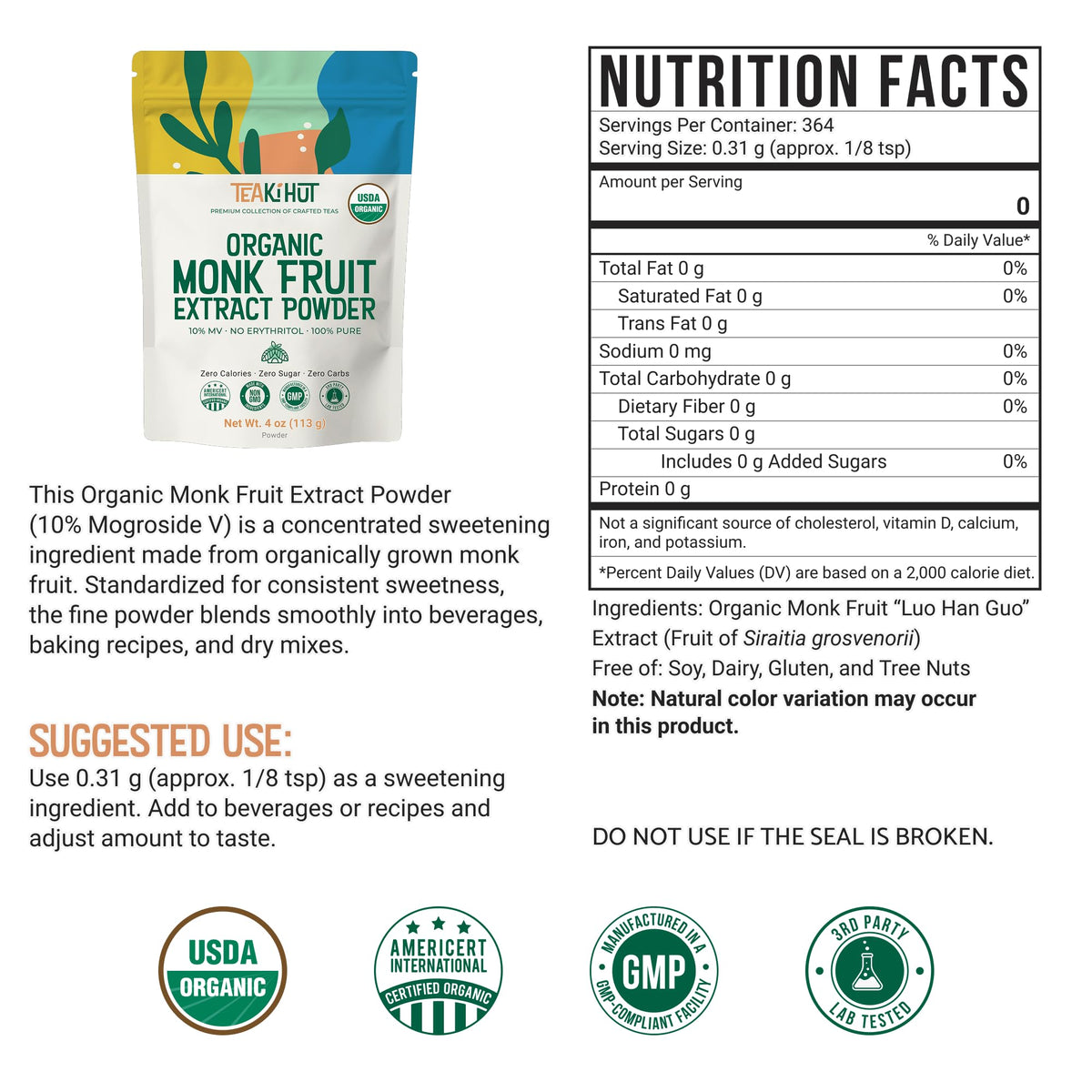 TEAki Hut Pure Monk Fruit Powder pours smoothly, ideal for sugar-free coffee and tea.