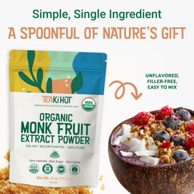 TEAki Hut Pure Monk Fruit Powder in tea cup showing clean flavor without aftertaste.