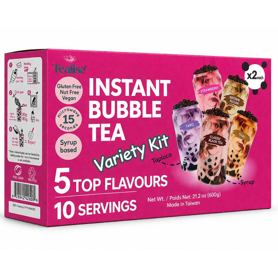Tealise Instant Bubble Tea Kit packaging with five flavors for home use