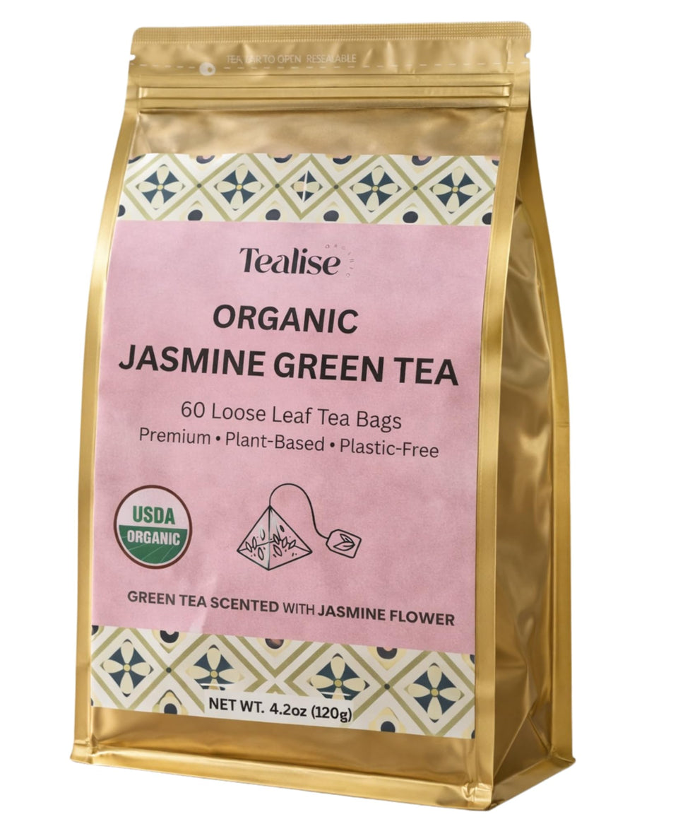 Tealise jasmine green tea in pyramid bags ready to brew, fragrant aroma for daily ritual.