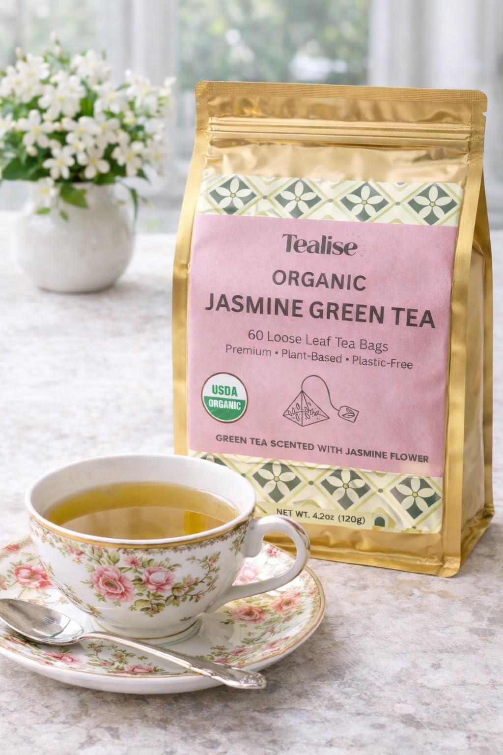 Plant-based, plastic-free Tealise tea bags supporting eco-friendly brewing.