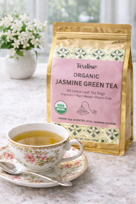 Plant-based, plastic-free Tealise tea bags supporting eco-friendly brewing.