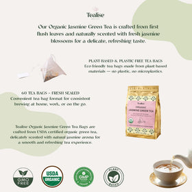 Smooth jasmine-infused green tea with light body and floral aroma.