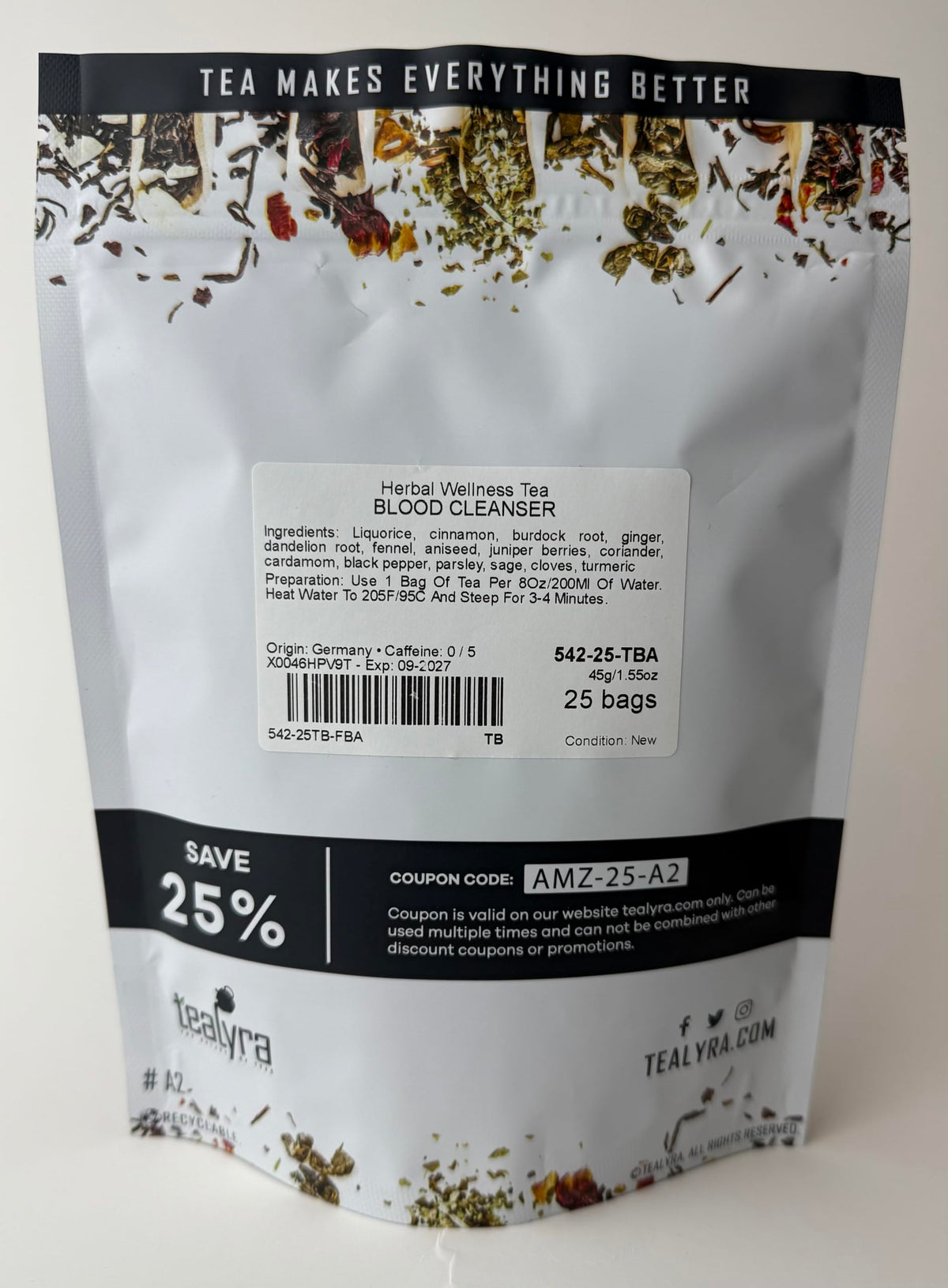 Tealyra Blood Cleanser Tea leaves close-up, vibrant herbal blend suggesting natural cleansing.