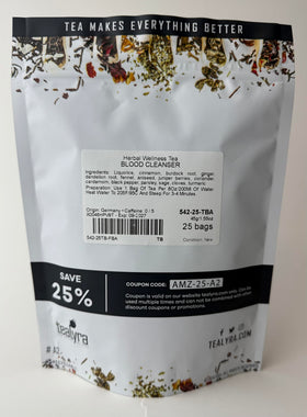 Tealyra Blood Cleanser Tea leaves close-up, vibrant herbal blend suggesting natural cleansing.