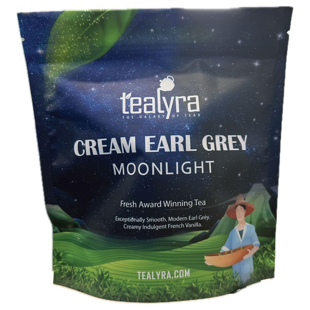 Pouring Cream Earl Grey Moonlight tea showing a smooth citrus aroma