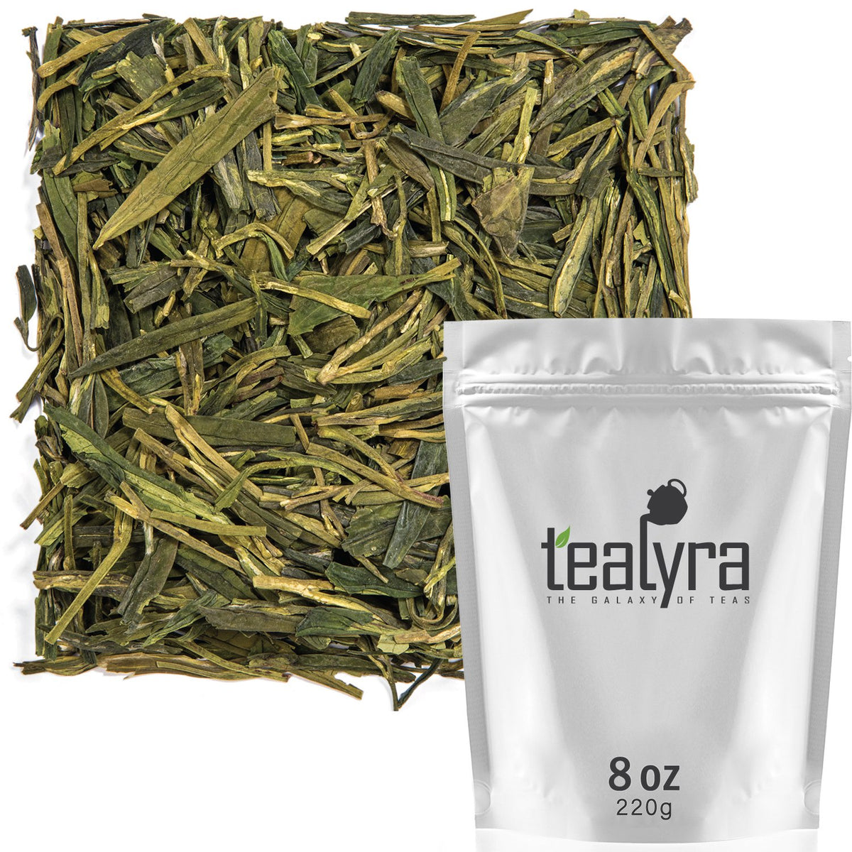 Tealyra Dragon Well loose tea with flat large leaves, ideal for a refined brew.