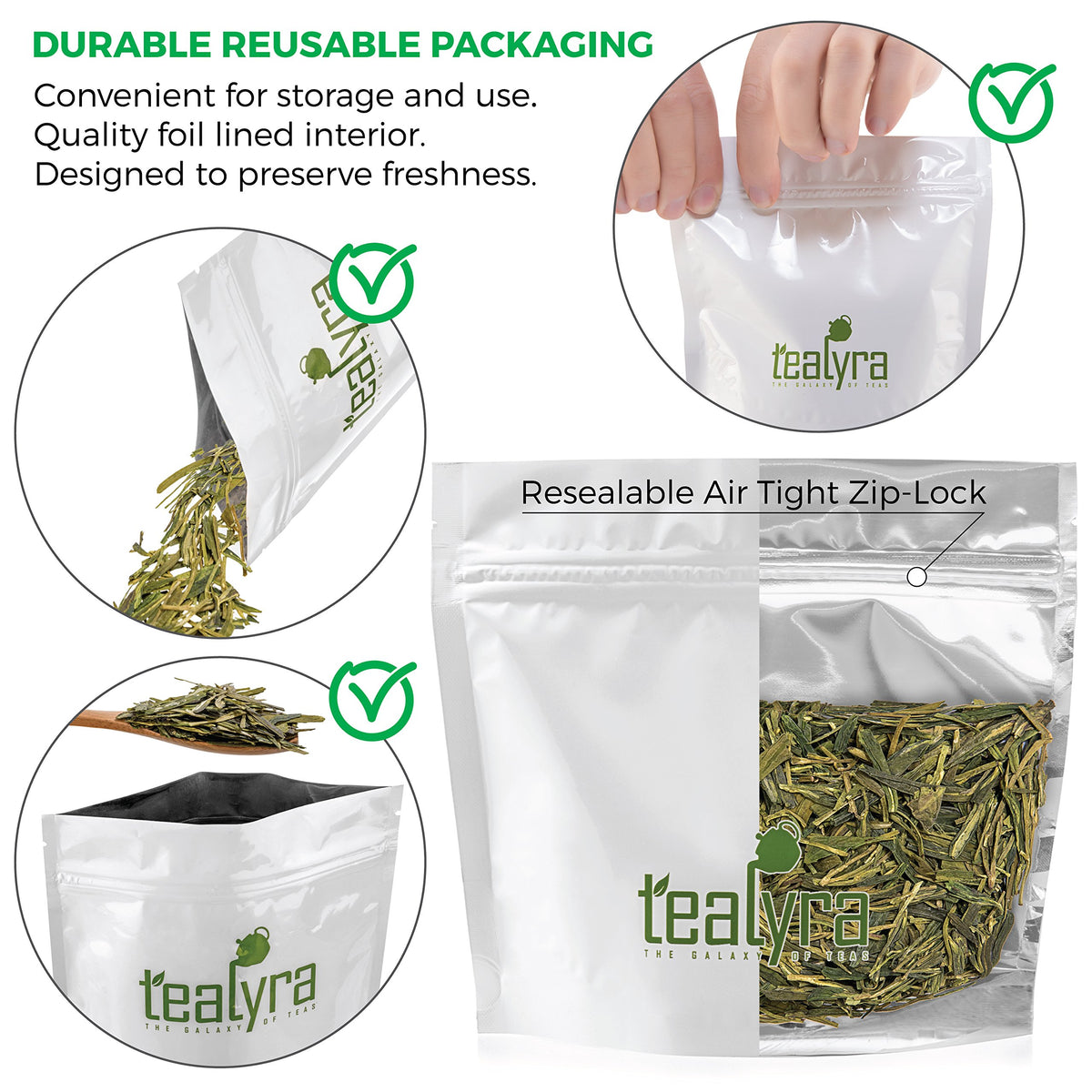 Tealyra Dragon Well tea exhibits golden jade liquor and a smooth aroma.