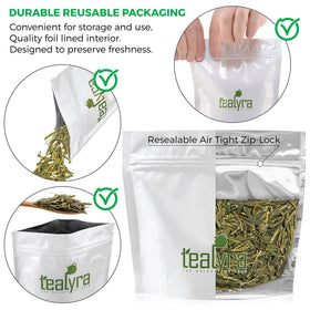 Tealyra Dragon Well tea exhibits golden jade liquor and a smooth aroma.