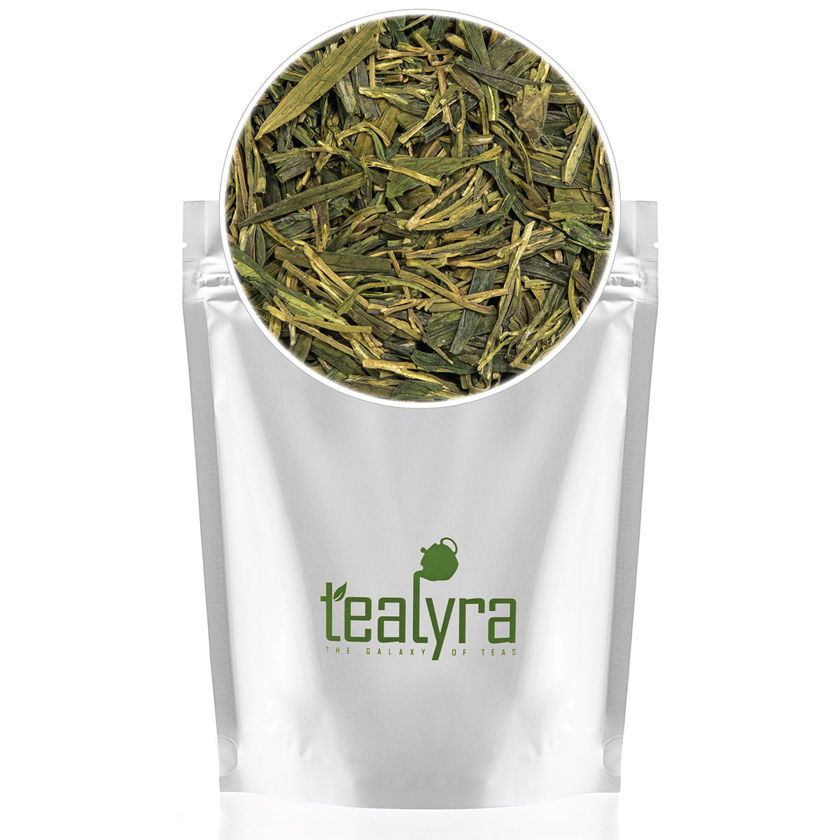 Tealyra Dragon Well loose tea in a zip-lock pouch preserves freshness.