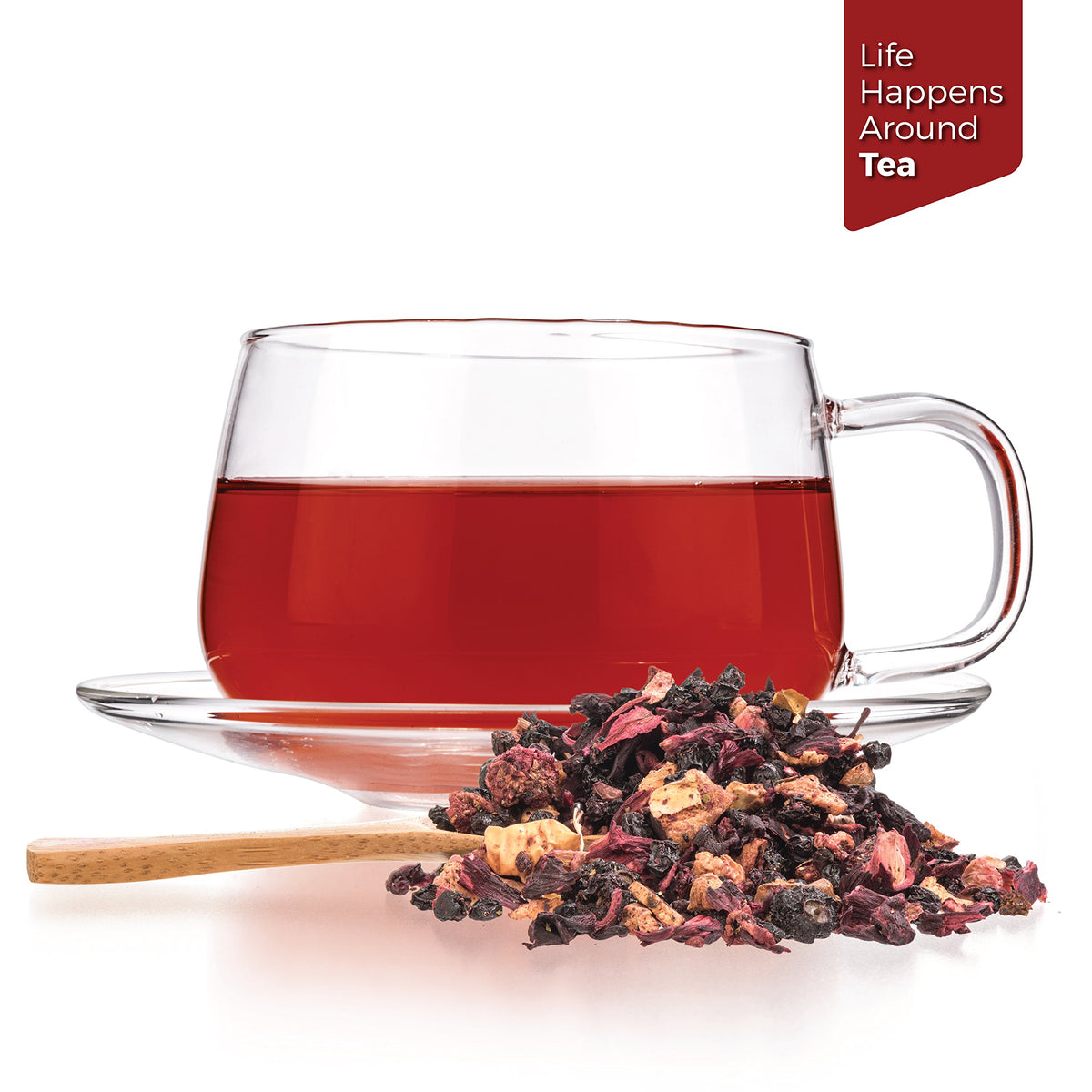 Tealyra Grandma's Garden Berry brewed cup ready to enjoy with bold, fruity flavor.