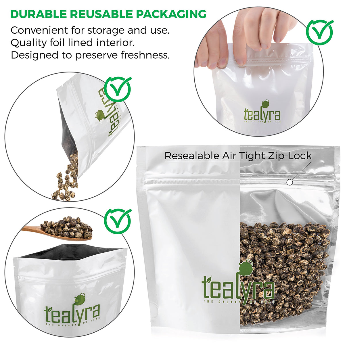 Tealyra Imperial Jasmine Dragon Pearls dry pearls show fragrant jasmine notes.