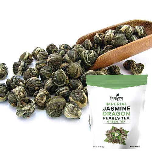 Tealyra Imperial Jasmine Dragon Pearls loose-leaf tea with fragrant jasmine aroma for a refreshing brew.