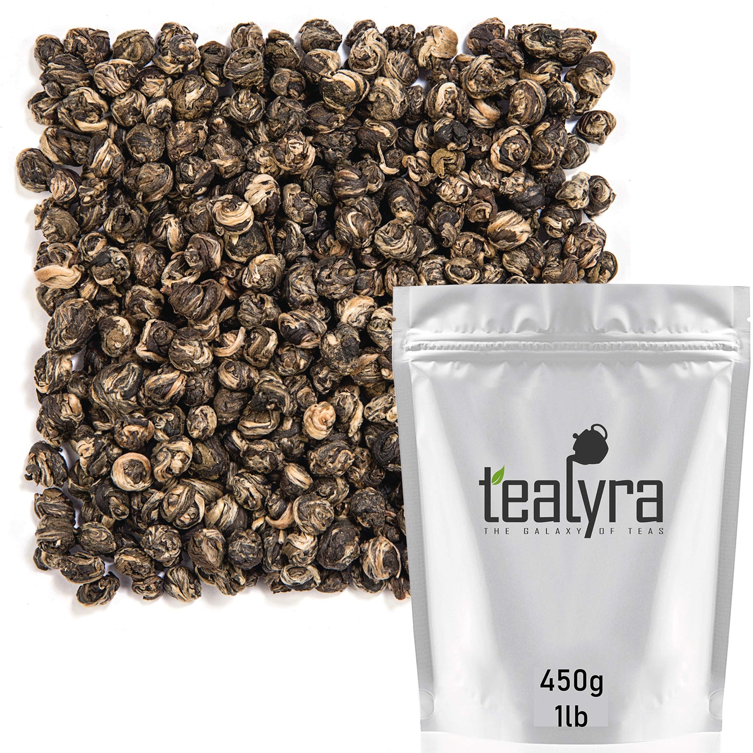 Tealyra Imperial Jasmine Dragon Pearls loose-leaf tea ready for brewing with inviting aroma.
