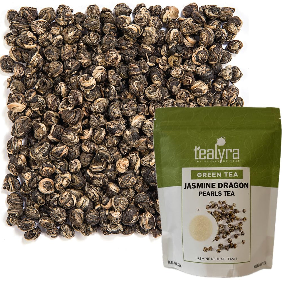 Tealyra Imperial Jasmine Dragon Pearls loose-leaf tea with fresh jasmine notes for premium flavor.