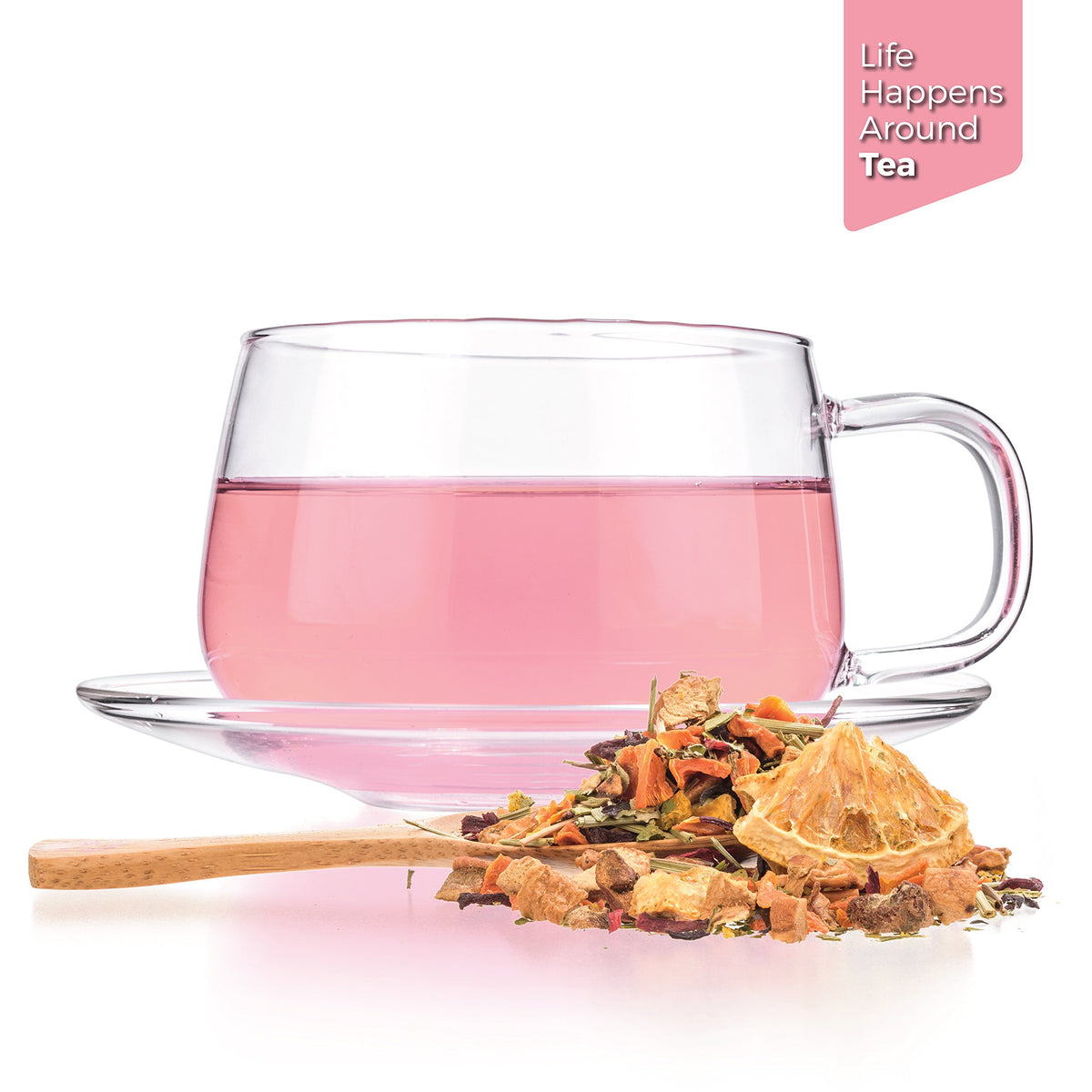Close-up of Tealyra Orange Lemonade fruit slices and hibiscus for natural flavor.