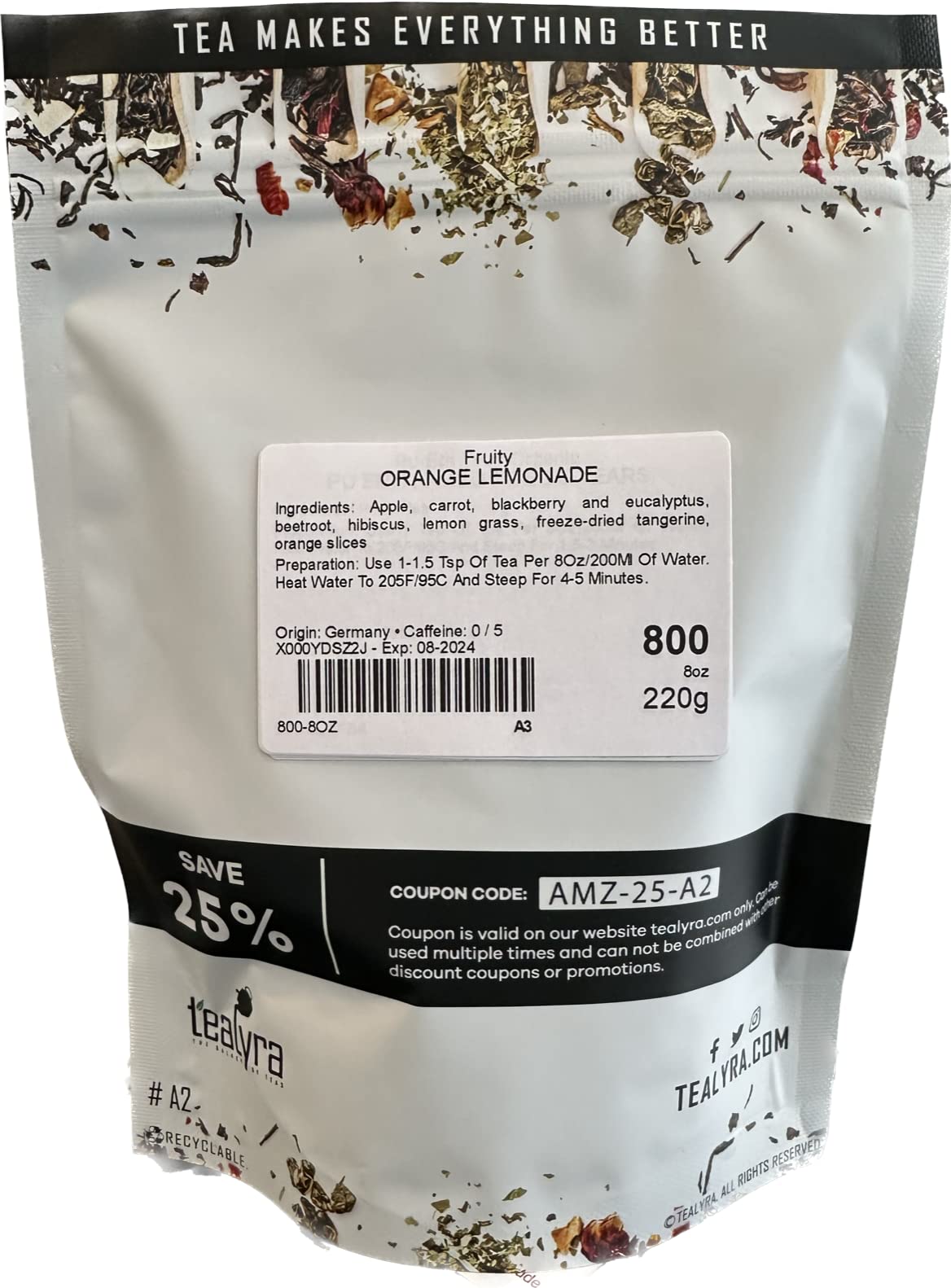 Tealyra Orange Lemonade steeping hot cup showing vibrant amber color.