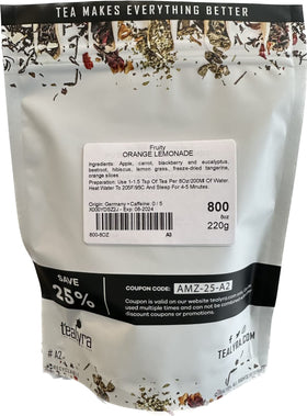 Tealyra Orange Lemonade steeping hot cup showing vibrant amber color.