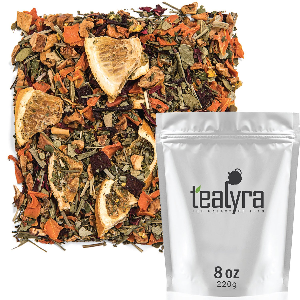 Tealyra Orange Lemonade tea packaging with real fruit slices for a vibrant, caffeine-free experience.