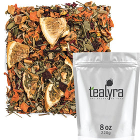 Tealyra Orange Lemonade tea packaging with real fruit slices for a vibrant, caffeine-free experience.