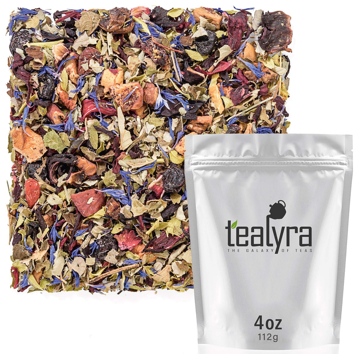 Tealyra Scandinavian Wild Berry tea pack displays a vibrant, caffeine-free moment of fruity flavor.