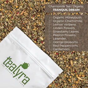 Chamomile, lavender, and honeybush visible in the Tranquil Dream mix for a calming aroma.