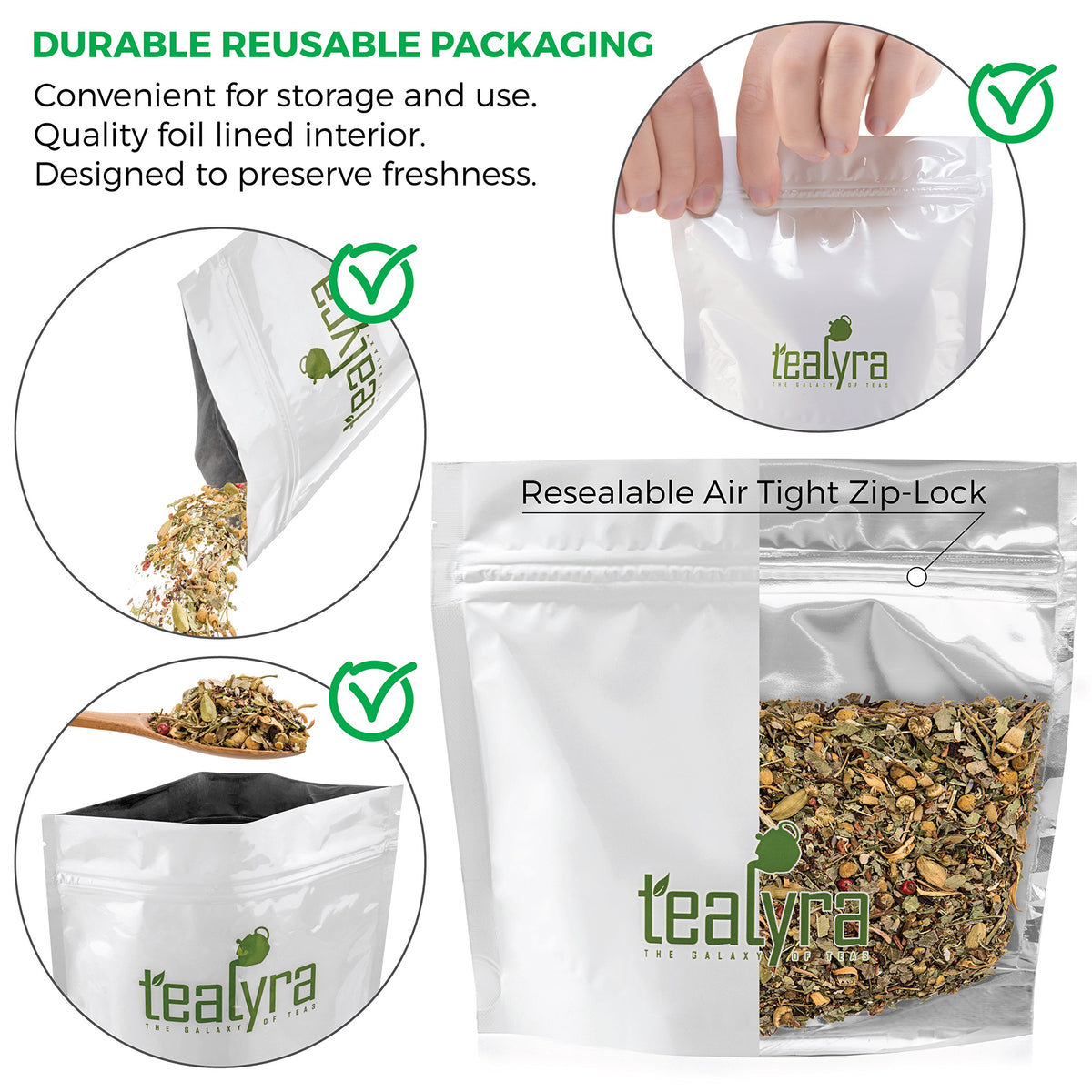 Tealyra Tranquil Dream herbal blend showing chamomile, lavender, and honeybush for soothing aromas.
