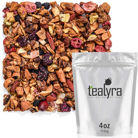 Tealyra Tropical Harvest dry leaves in a bowl for a caffeine-free fruity tea.