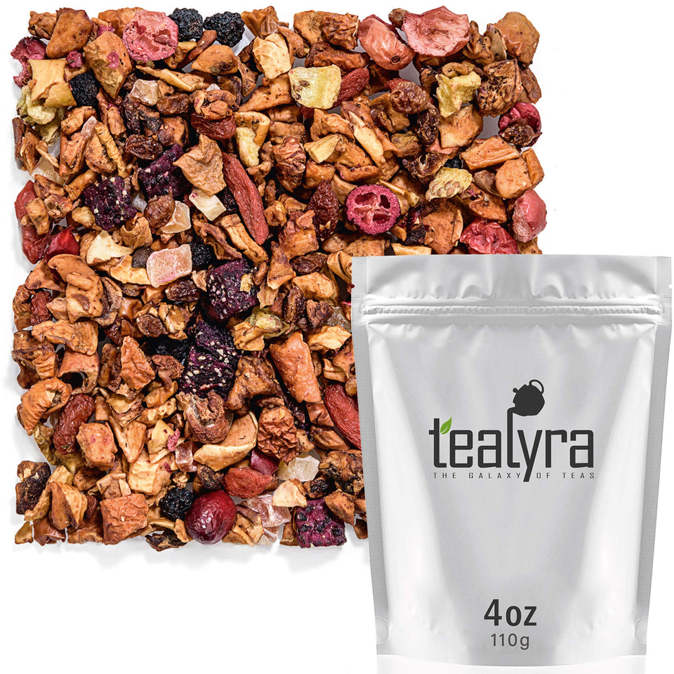 Tealyra Tropical Harvest dry leaves in a bowl for a caffeine-free fruity tea.