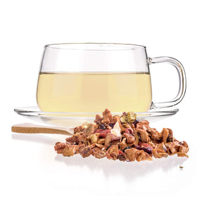 Tealyra Tropical Harvest steeping cup showcases vibrant infusion with pineapple and kiwi.