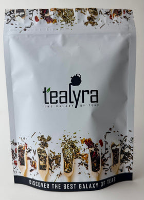 Tealyra Tropical Harvest packaging highlights caffeine-free herbal blend.