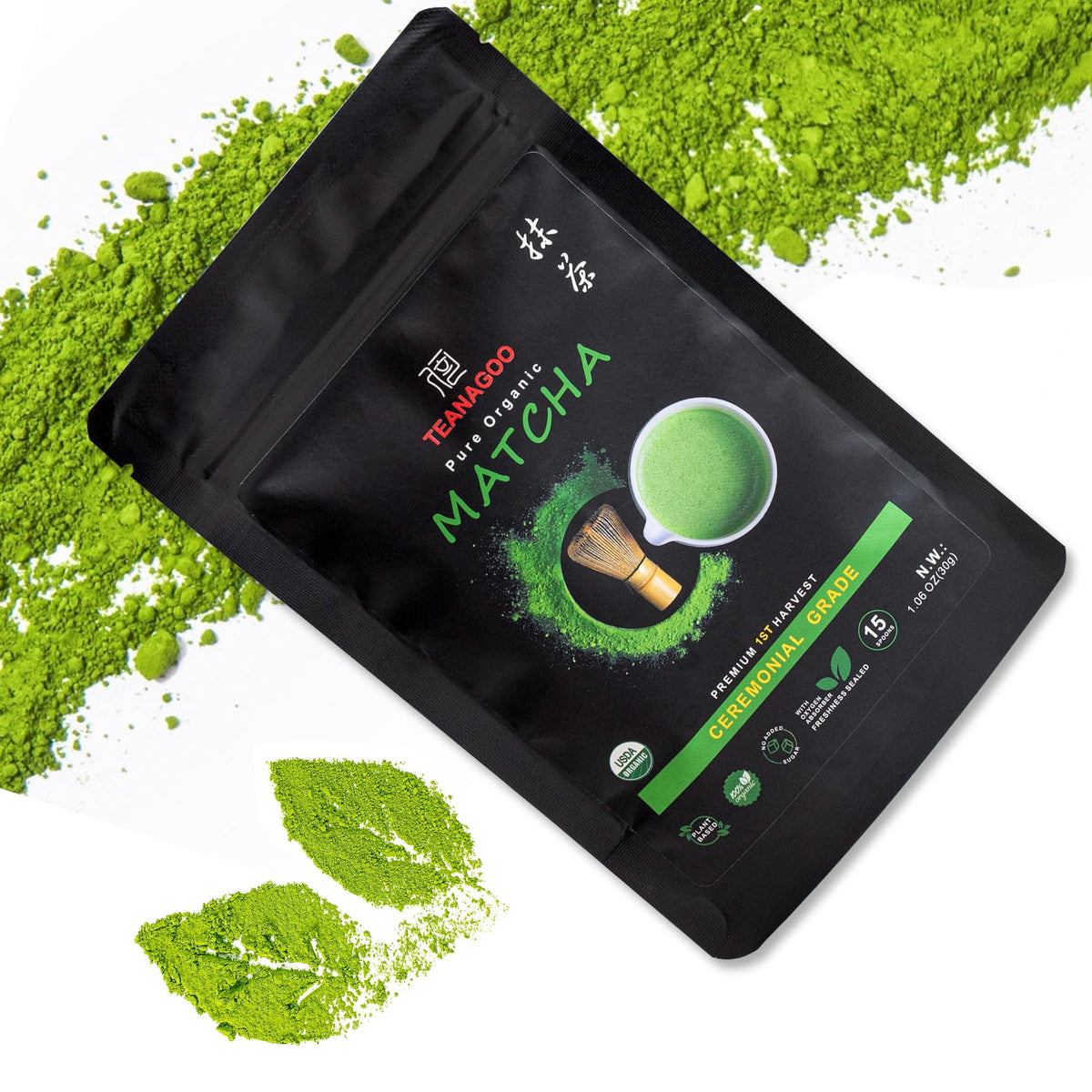 TEANAGOO Matcha ceremonial-grade packaging showcases premium, additive-free green tea.