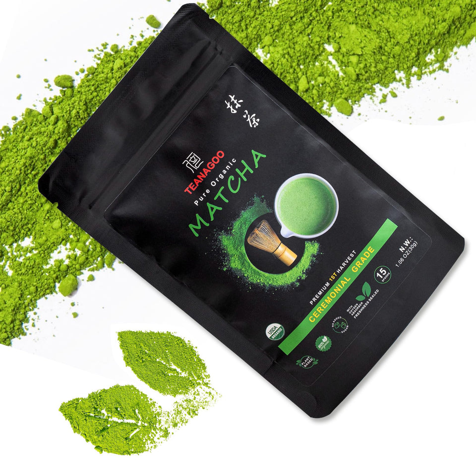 TEANAGOO Matcha ceremonial-grade packaging showcases premium, additive-free green tea.