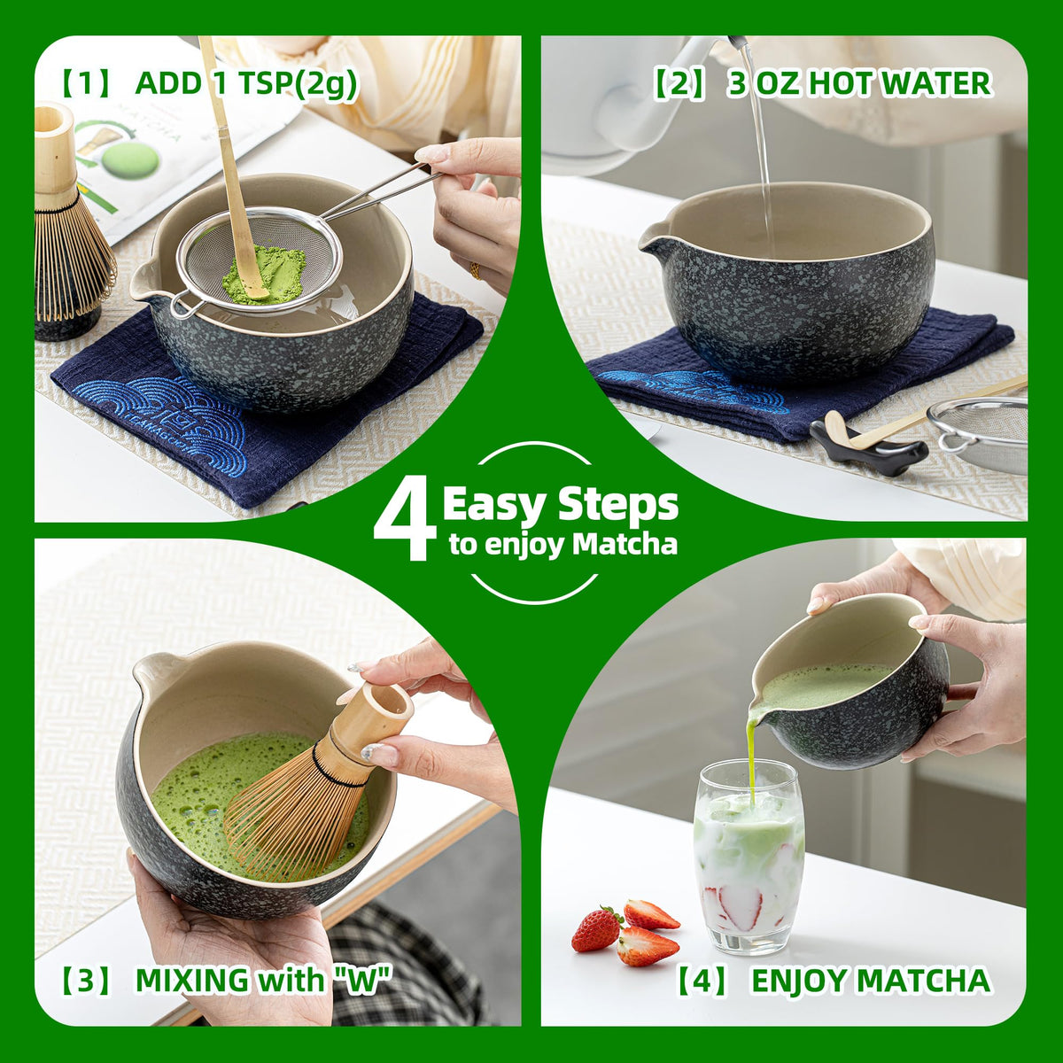 TEANAGOO Matcha deep-green shade with high chlorophyll and amino acids.