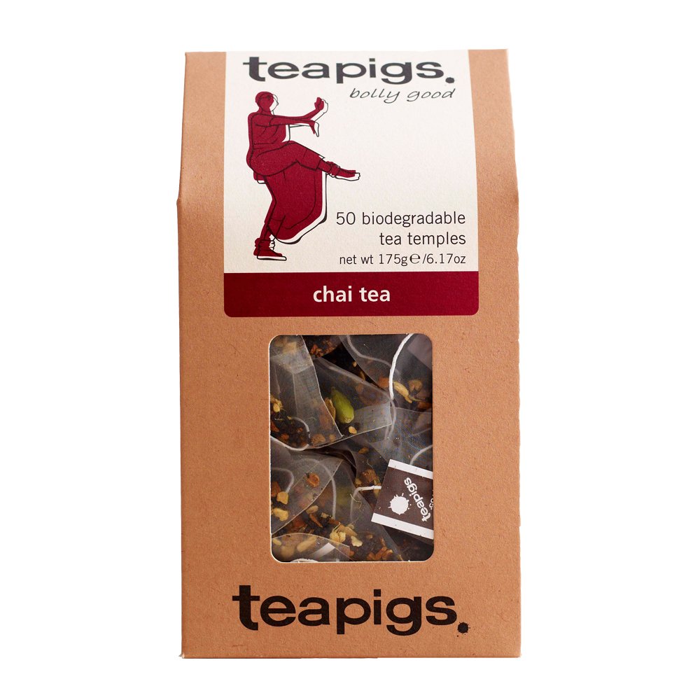 Teapigs chai tea bags with whole leaves in a box for bold flavor.