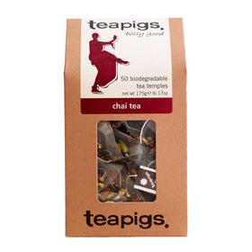 Teapigs chai tea bags with whole leaves in a box for bold flavor.