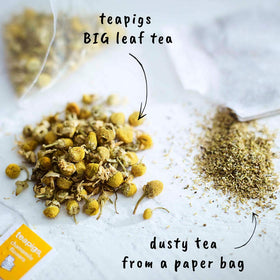 Close-up of chamomile infusion highlighting whole-leaf quality and freshness.