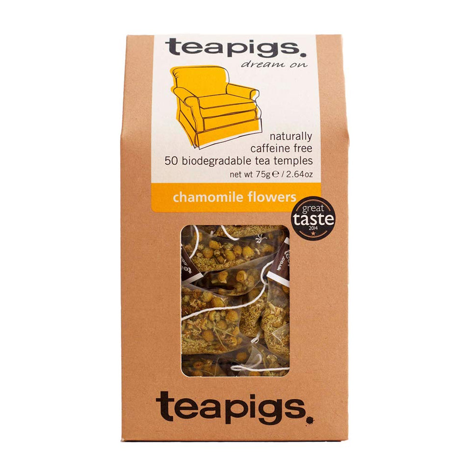 Teapigs chamomile flowers in a tea temple box, ready for infusion.